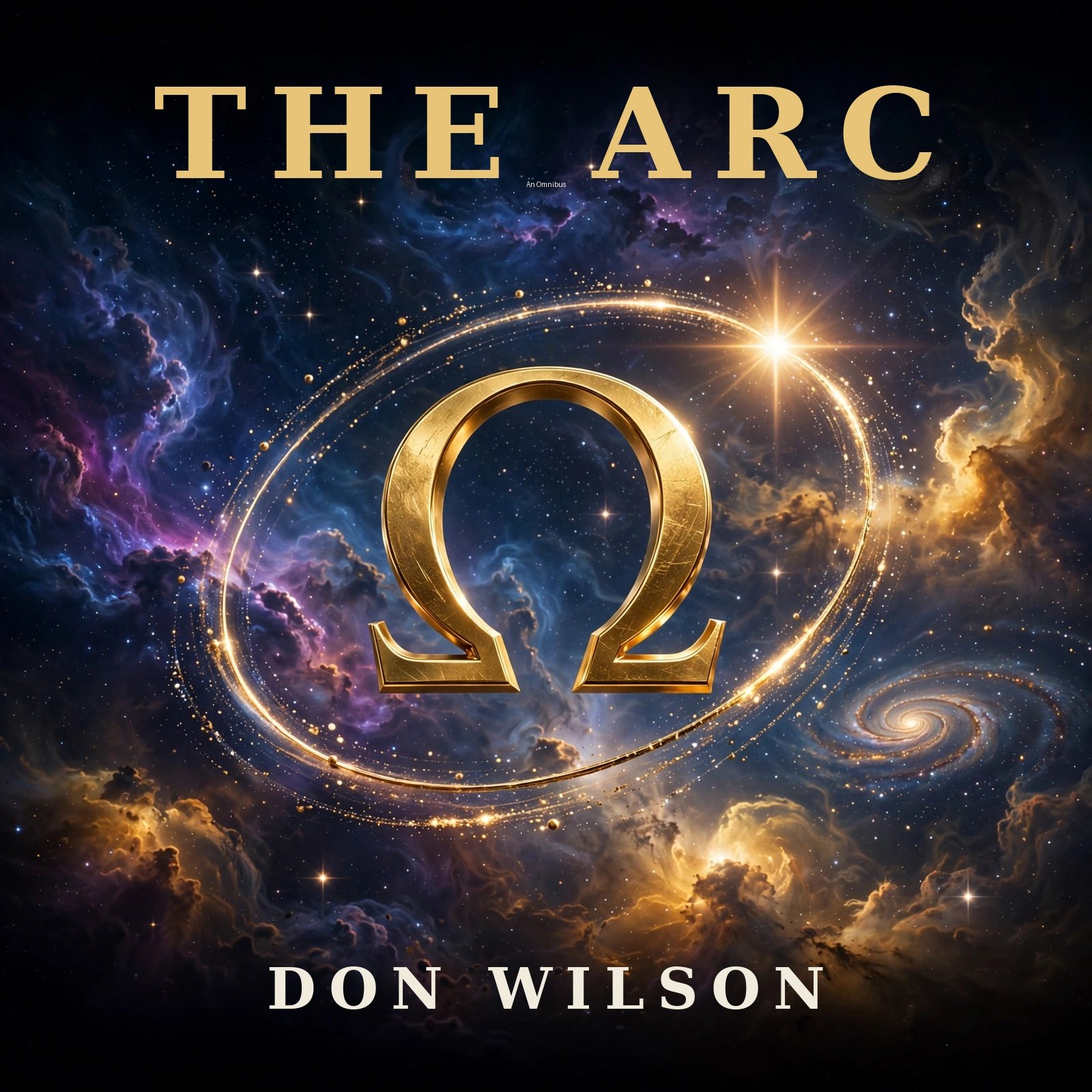 The Arc book cover — a gold Omega symbol ringed by a glowing orbit over a blue and gold nebula