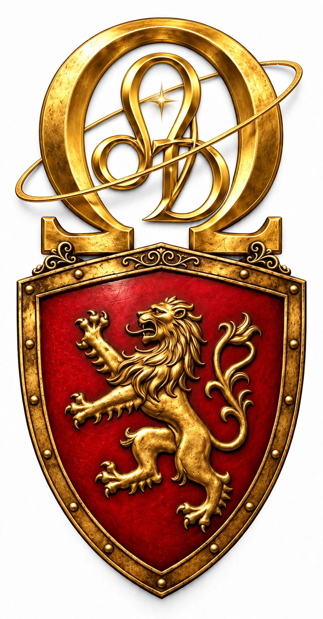 Rampant lion with tilted orbit ring and star — the Omega crest